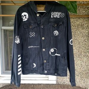 CARBON Black Denim Jean Graphic Print Jacket